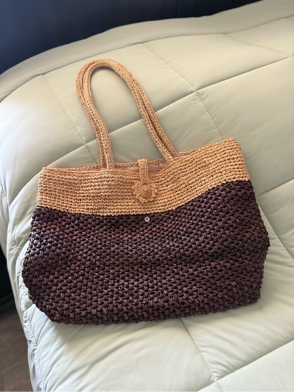 flora Bella Woven Two-Tone Straw Tote Bag - Brown & Tan. Vintage